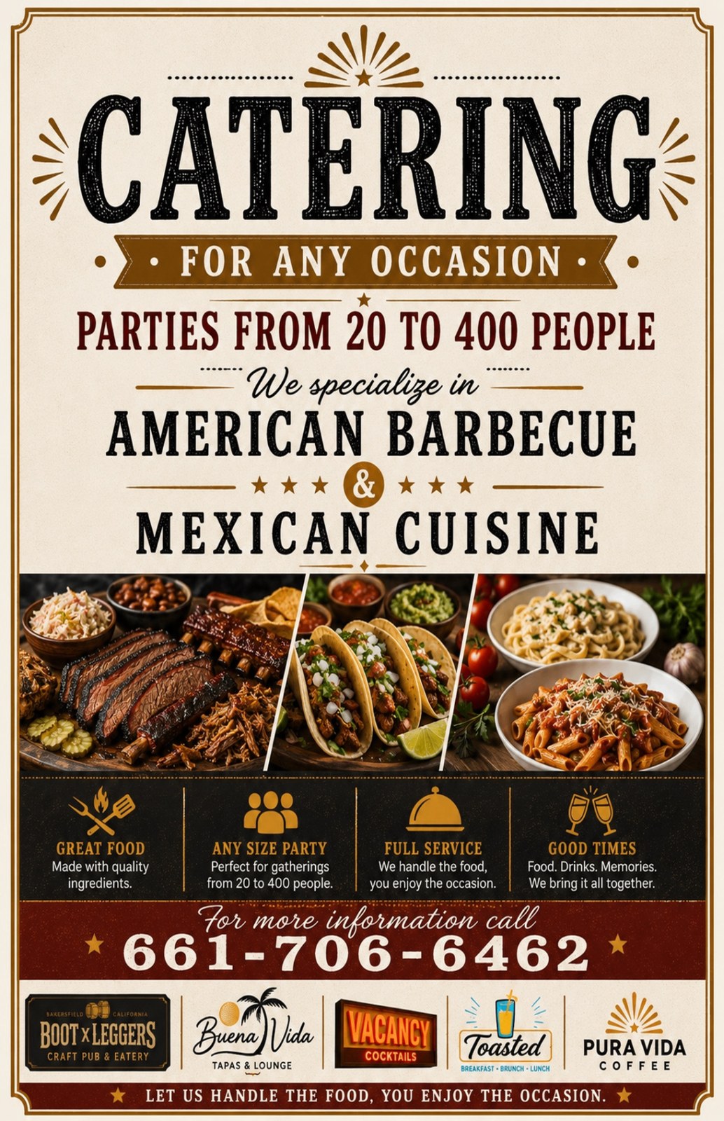 Bootleggers catering — American BBQ and Mexican cuisine for parties from 20 to 400 people